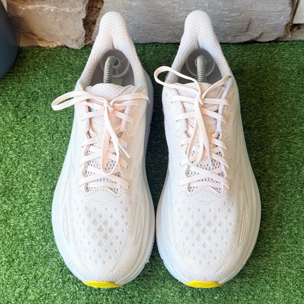 11 Hoka One One Clifton Women's Pale Pink and White Sneakers - Picture 3 of 11